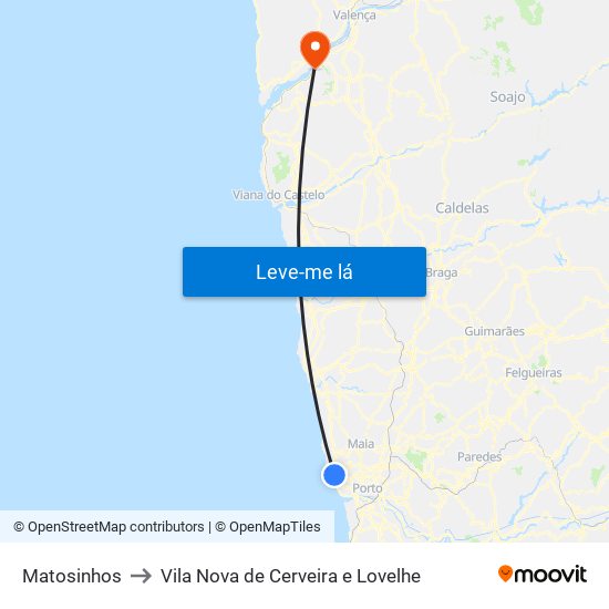 Matosinhos to Vila Nova de Cerveira e Lovelhe map