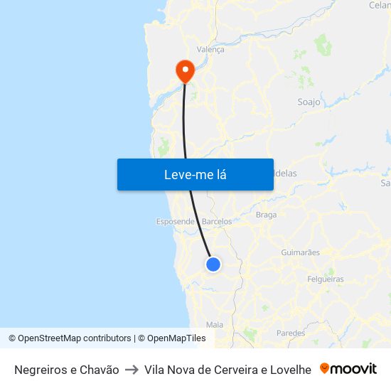 Negreiros e Chavão to Vila Nova de Cerveira e Lovelhe map