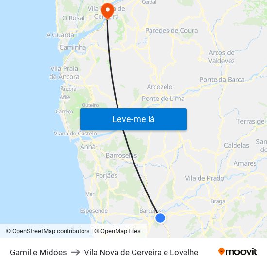 Gamil e Midões to Vila Nova de Cerveira e Lovelhe map