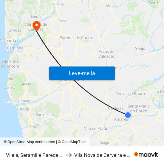 Vilela, Seramil e Paredes Secas to Vila Nova de Cerveira e Lovelhe map