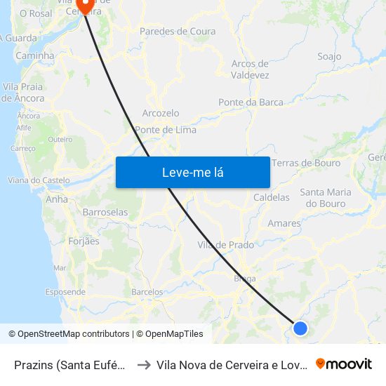 Prazins (Santa Eufémia) to Vila Nova de Cerveira e Lovelhe map