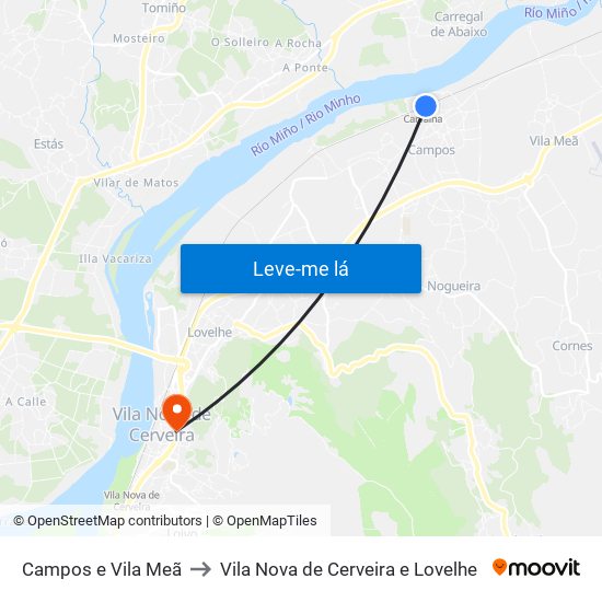 Campos e Vila Meã to Vila Nova de Cerveira e Lovelhe map