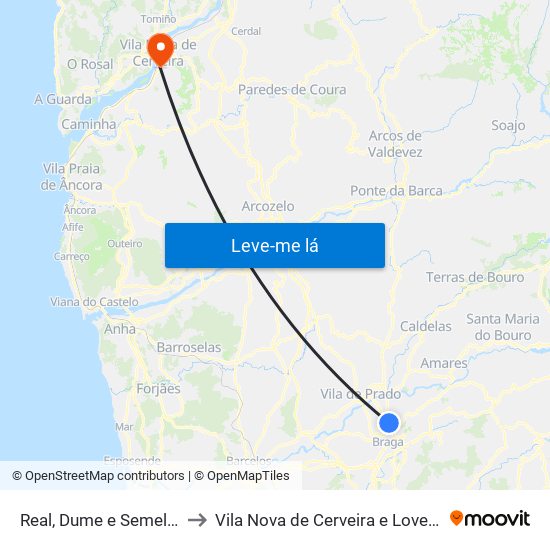 Real, Dume e Semelhe to Vila Nova de Cerveira e Lovelhe map