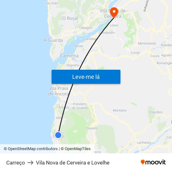 Carreço to Vila Nova de Cerveira e Lovelhe map