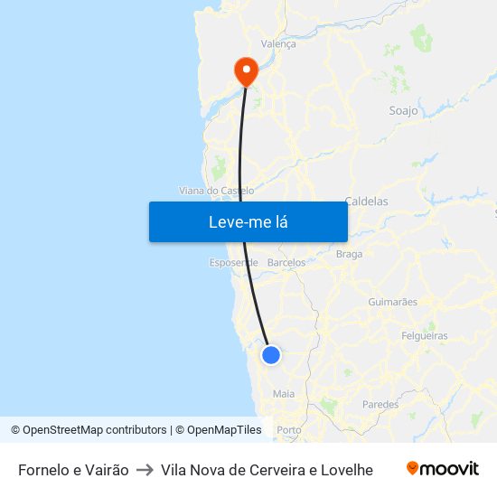 Fornelo e Vairão to Vila Nova de Cerveira e Lovelhe map