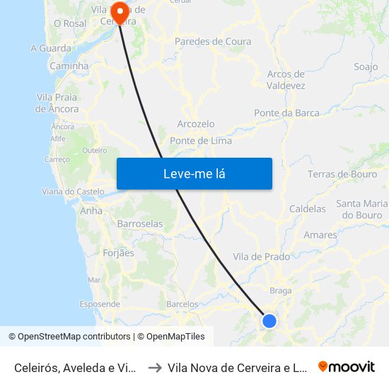 Celeirós, Aveleda e Vimieiro to Vila Nova de Cerveira e Lovelhe map