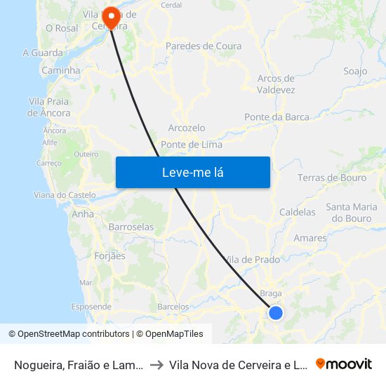 Nogueira, Fraião e Lamaçães to Vila Nova de Cerveira e Lovelhe map