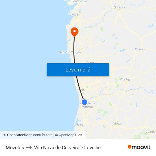 Mozelos to Vila Nova de Cerveira e Lovelhe map