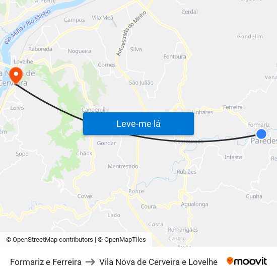 Formariz e Ferreira to Vila Nova de Cerveira e Lovelhe map