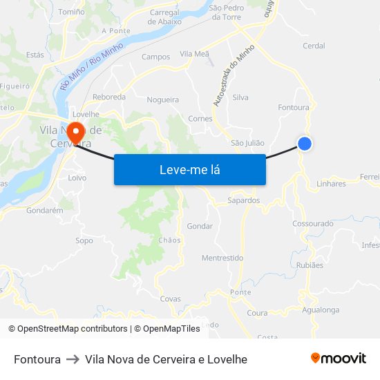 Fontoura to Vila Nova de Cerveira e Lovelhe map