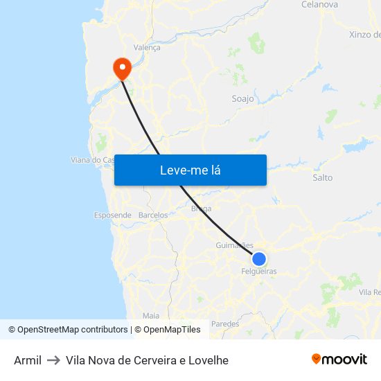 Armil to Vila Nova de Cerveira e Lovelhe map