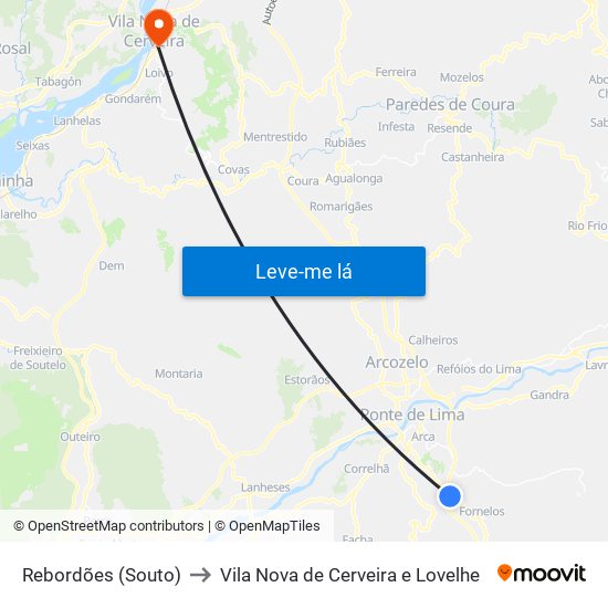 Rebordões (Souto) to Vila Nova de Cerveira e Lovelhe map