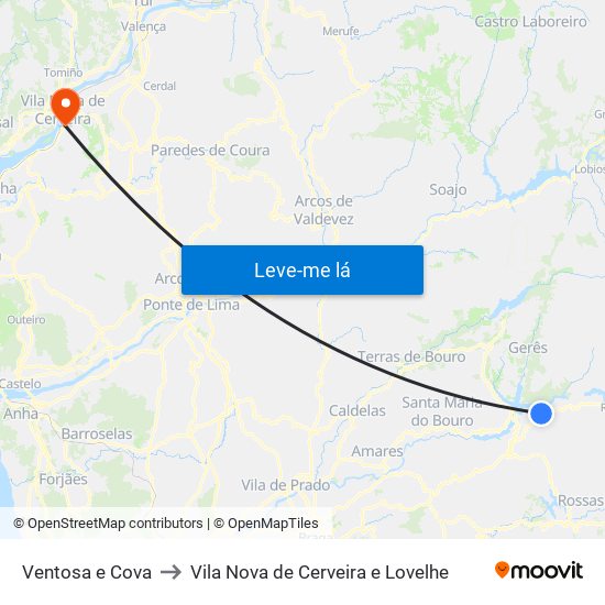 Ventosa e Cova to Vila Nova de Cerveira e Lovelhe map