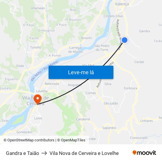 Gandra e Taião to Vila Nova de Cerveira e Lovelhe map