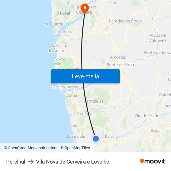 Perelhal to Vila Nova de Cerveira e Lovelhe map