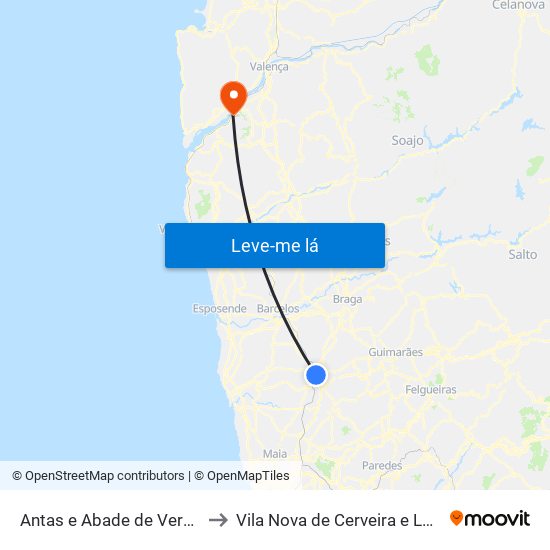 Antas e Abade de Vermoim to Vila Nova de Cerveira e Lovelhe map