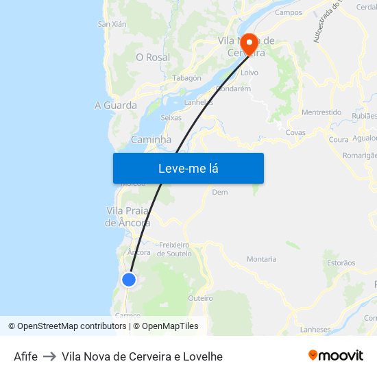 Afife to Vila Nova de Cerveira e Lovelhe map