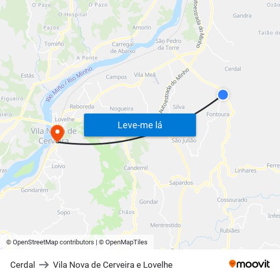 Cerdal to Vila Nova de Cerveira e Lovelhe map