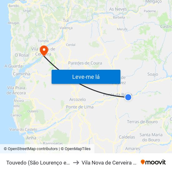 Touvedo (São Lourenço e Salvador) to Vila Nova de Cerveira e Lovelhe map