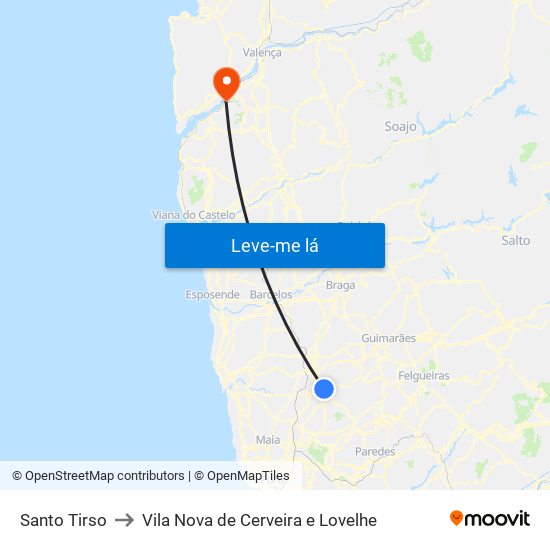Santo Tirso to Vila Nova de Cerveira e Lovelhe map