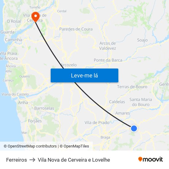 Ferreiros to Vila Nova de Cerveira e Lovelhe map