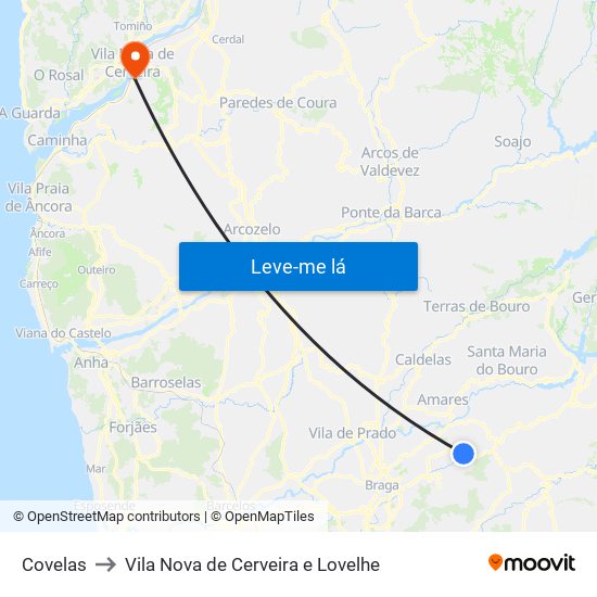 Covelas to Vila Nova de Cerveira e Lovelhe map