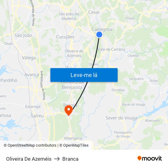 Oliveira De Azeméis to Branca map