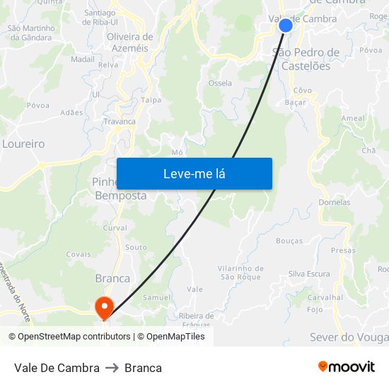 Vale De Cambra to Branca map
