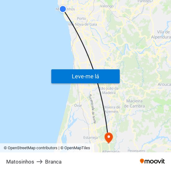 Matosinhos to Branca map