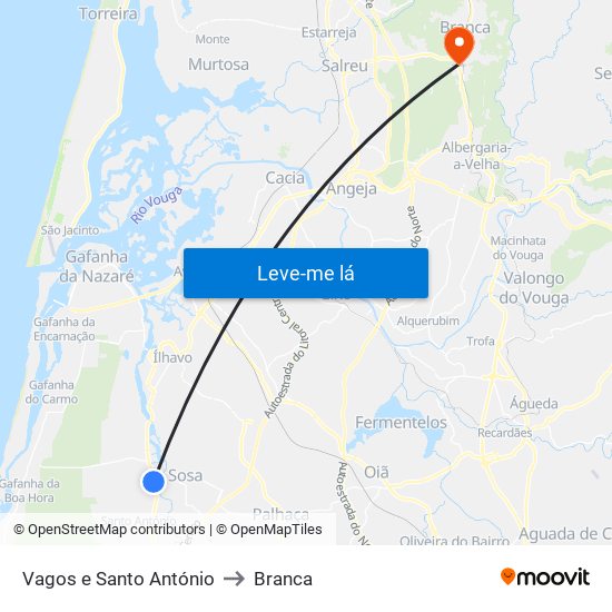 Vagos e Santo António to Branca map