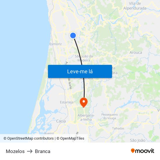 Mozelos to Branca map