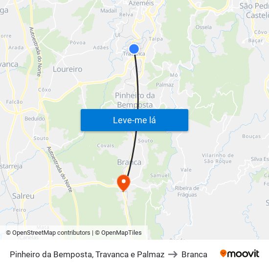 Pinheiro da Bemposta, Travanca e Palmaz to Branca map