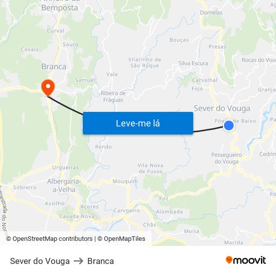 Sever do Vouga to Branca map