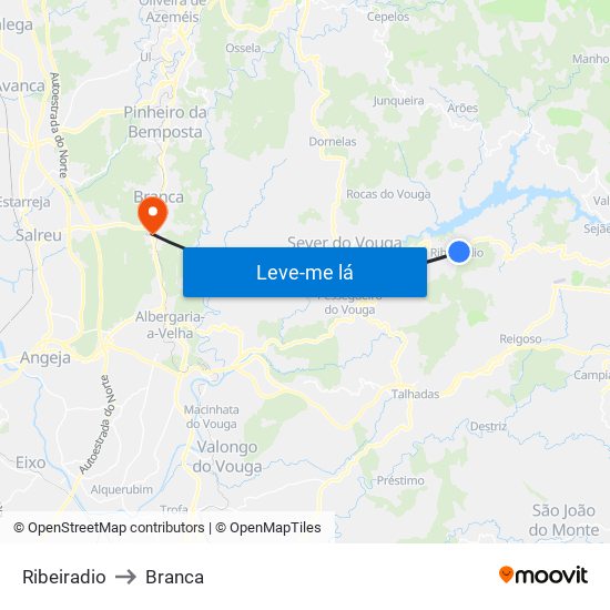 Ribeiradio to Branca map
