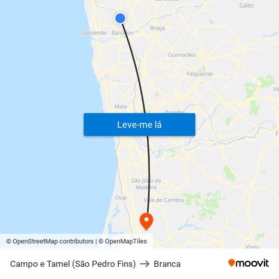 Campo e Tamel (São Pedro Fins) to Branca map