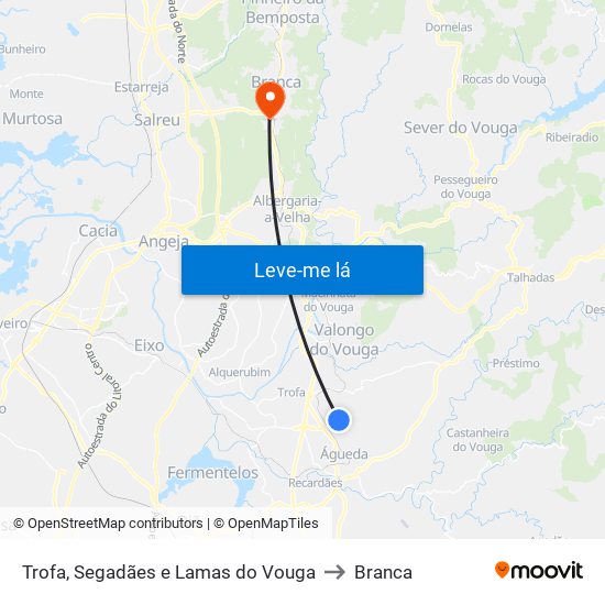 Trofa, Segadães e Lamas do Vouga to Branca map