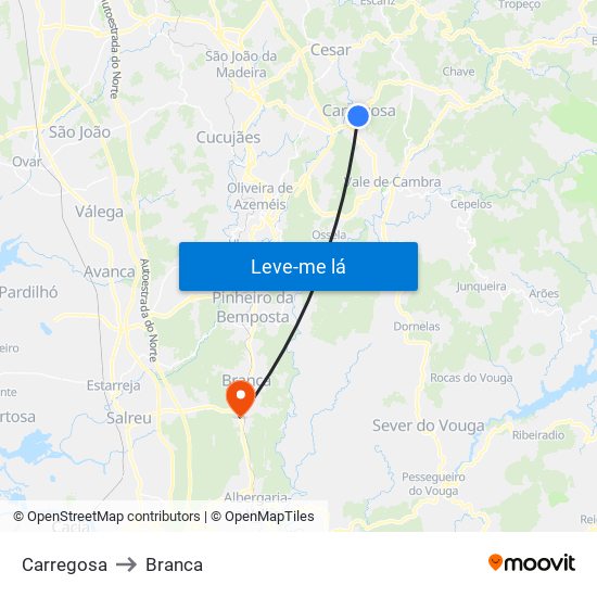 Carregosa to Branca map