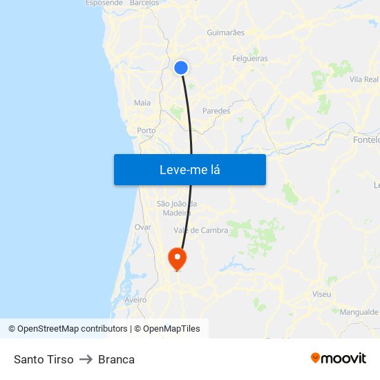 Santo Tirso to Branca map