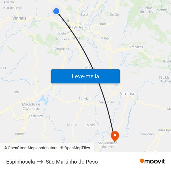 Espinhosela to São Martinho do Peso map