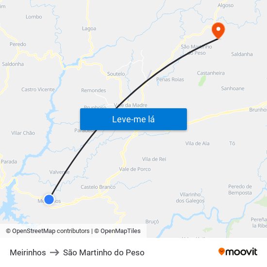 Meirinhos to São Martinho do Peso map