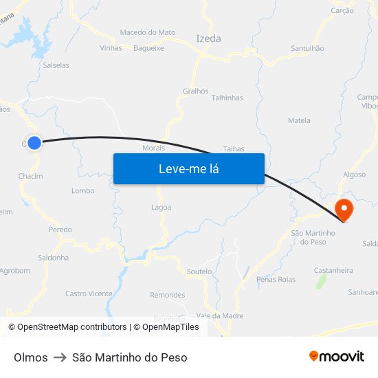 Olmos to São Martinho do Peso map