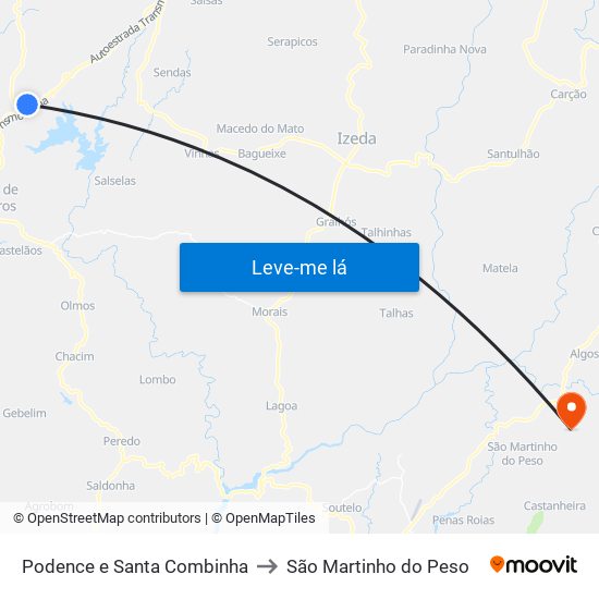 Podence e Santa Combinha to São Martinho do Peso map