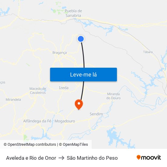 Aveleda e Rio de Onor to São Martinho do Peso map