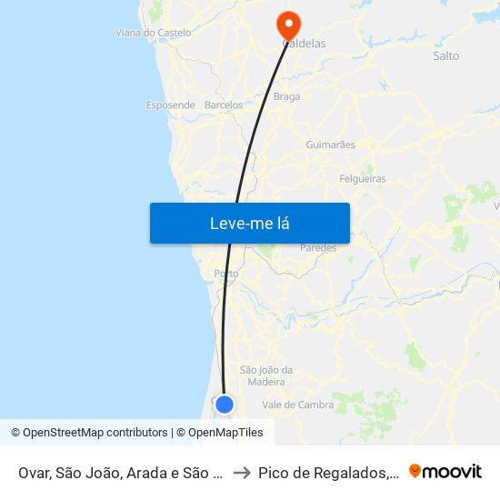 Ovar, São João, Arada e São Vicente de Pereira Jusã to Pico de Regalados, Gondiães e Mós map