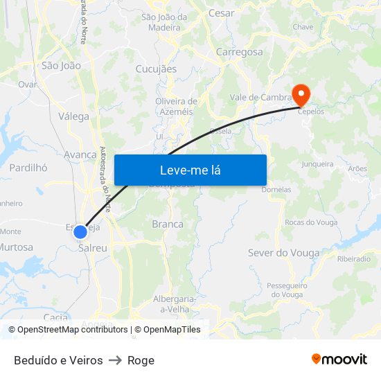 Beduído e Veiros to Roge map