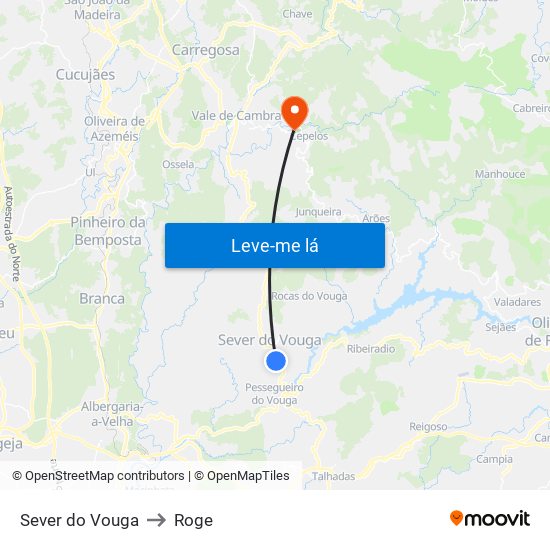 Sever do Vouga to Roge map