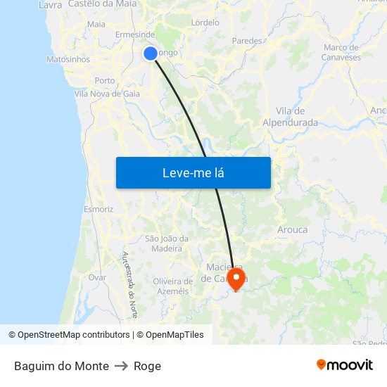 Baguim do Monte to Roge map
