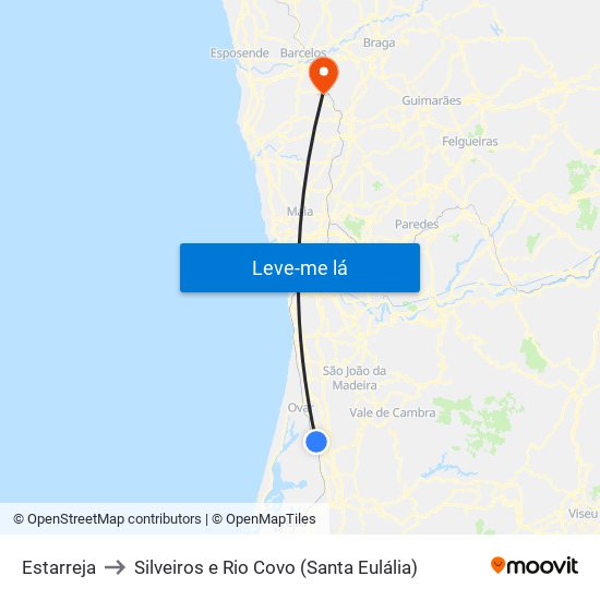Estarreja to Silveiros e Rio Covo (Santa Eulália) map