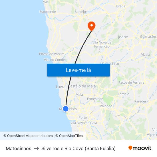 Matosinhos to Silveiros e Rio Covo (Santa Eulália) map