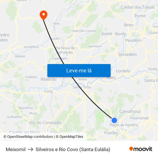 Meixomil to Silveiros e Rio Covo (Santa Eulália) map